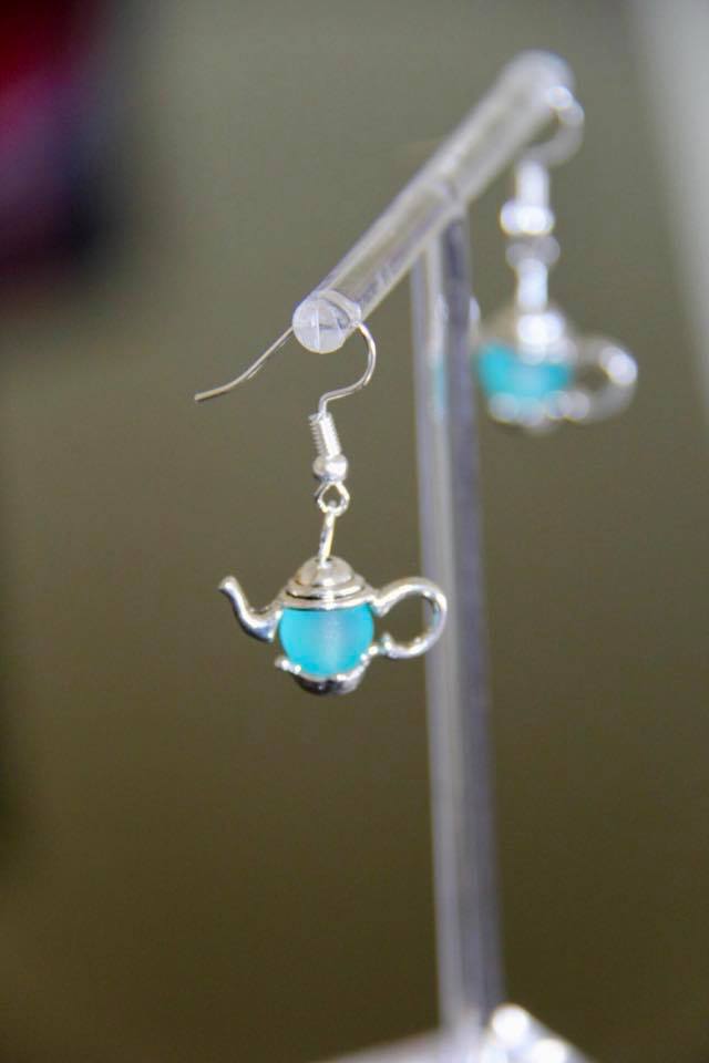 Tea pot ear rings handmade with sea glass beads