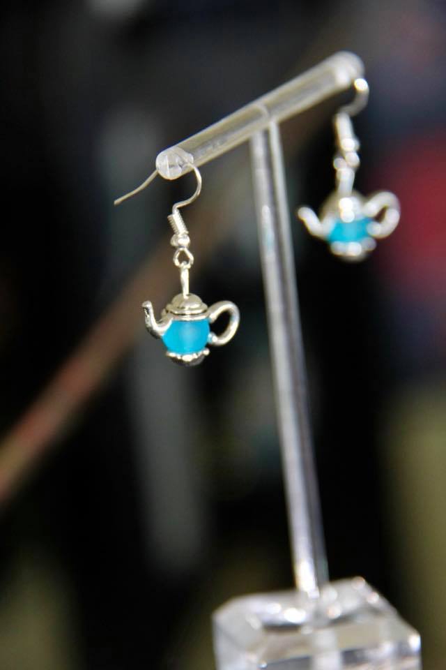 Tea pot ear rings handmade with sea glass beads