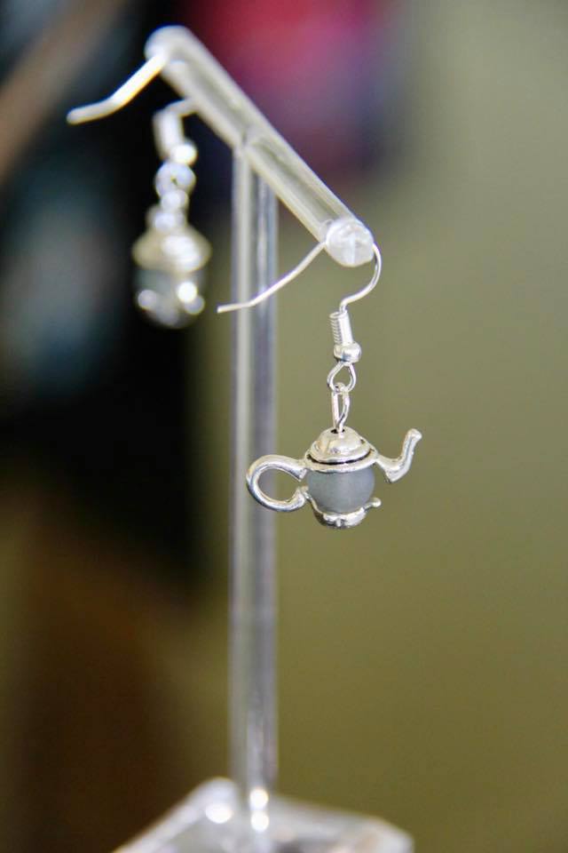 Tea pot ear rings handmade with sea glass beads