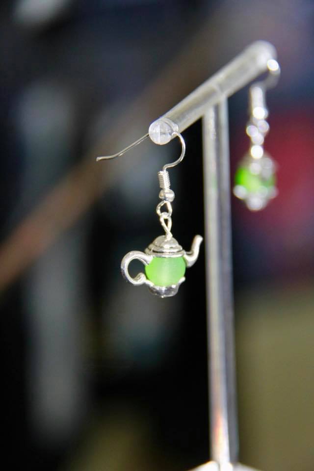 Tea pot ear rings handmade with sea glass beads