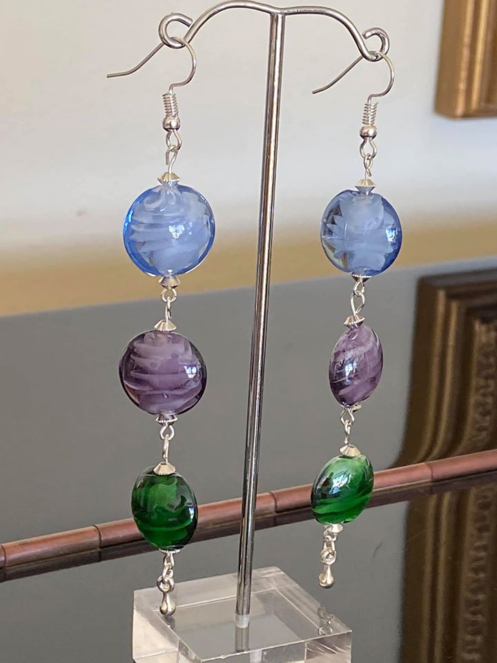 Summer Earrings with flat multi colored glass lampwork beads