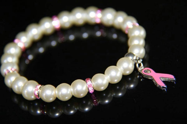 White glass pearls with pink ribbon bracelet