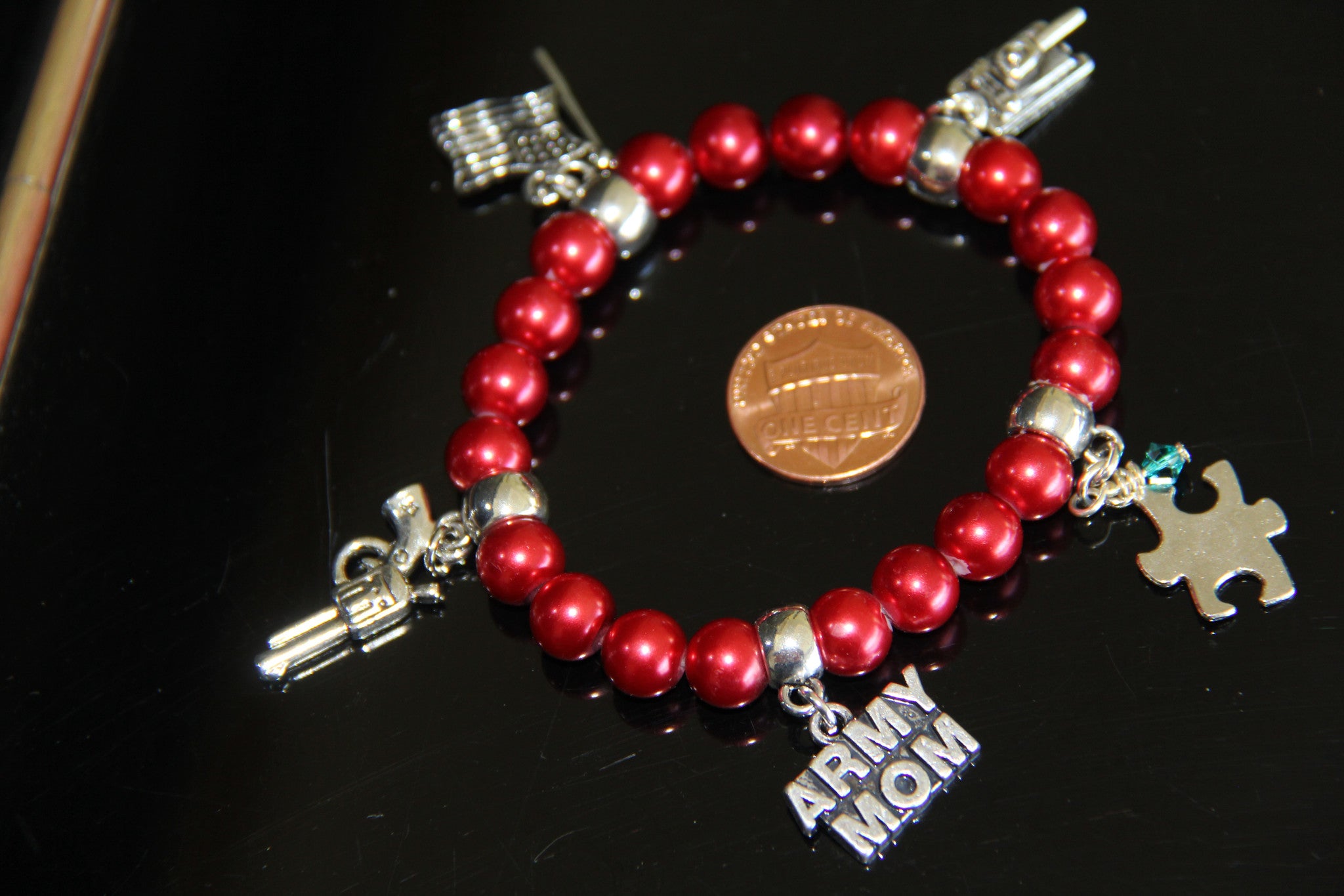 Red pearl glass beads Army Autism bracelet