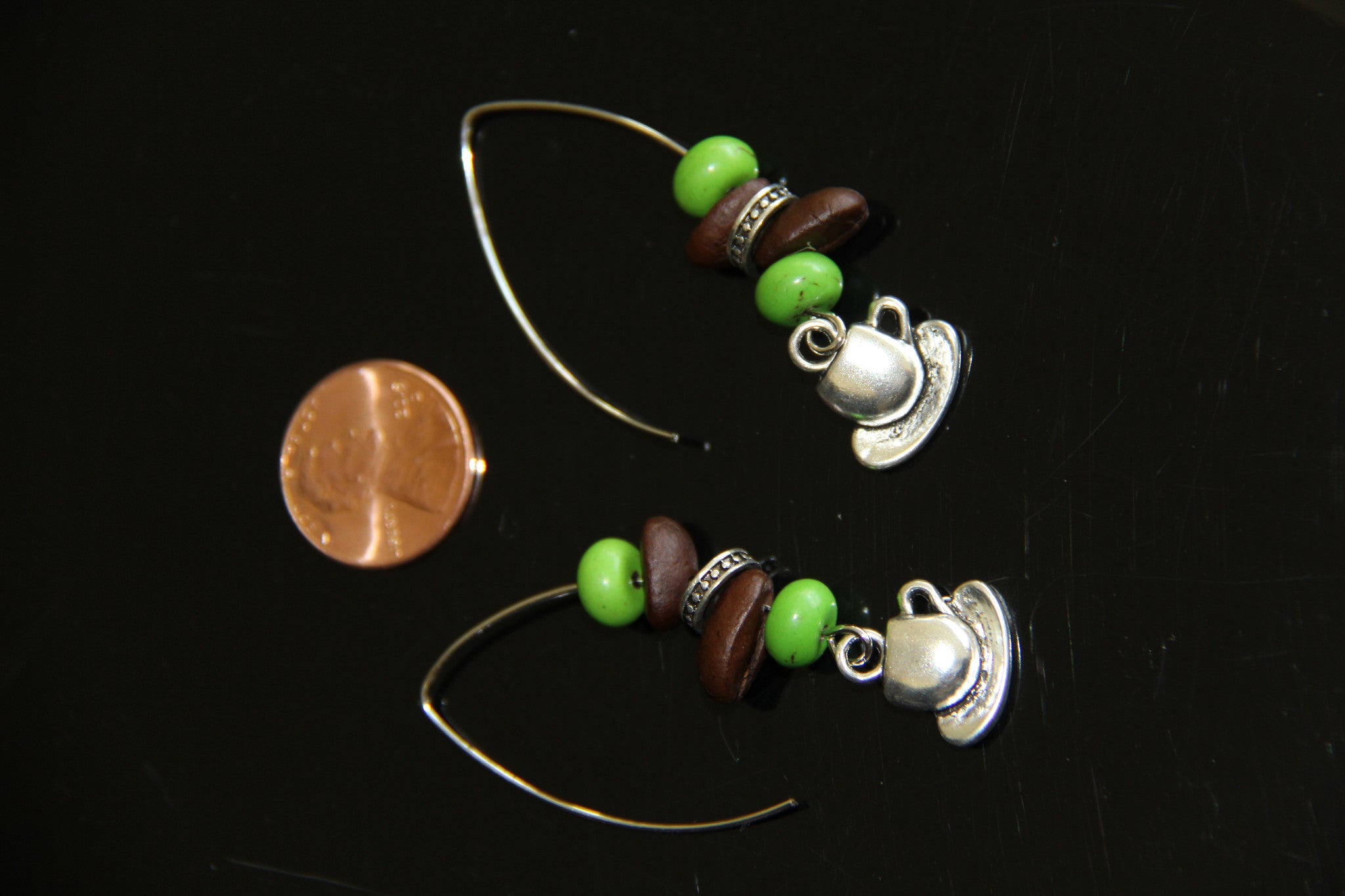 Natural coffee beans with purple, green, yellow, pink, blue howlite beads ear rings