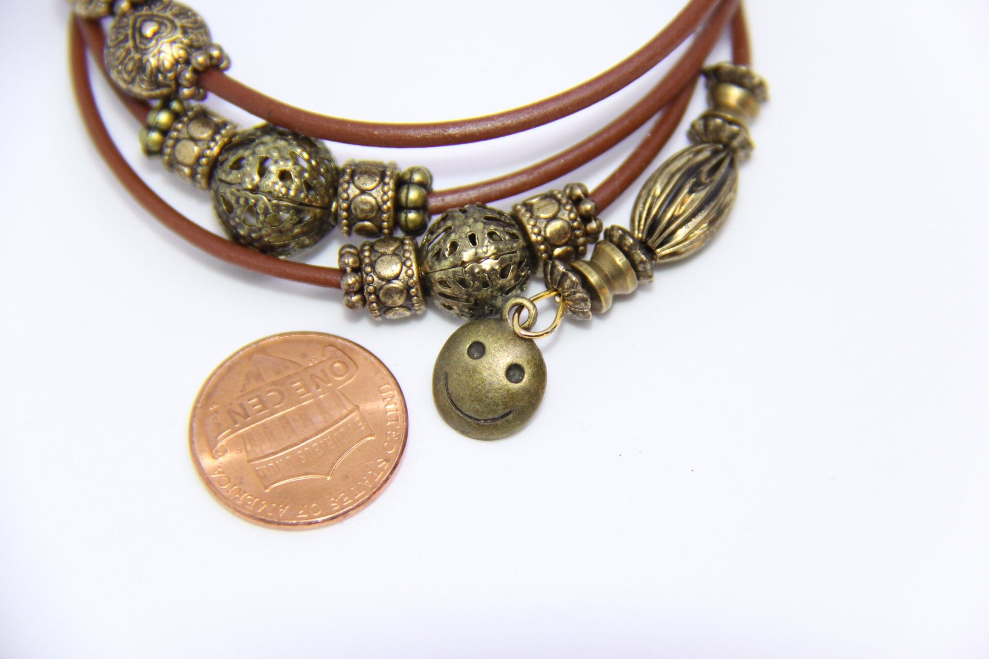 Brown leather memory wire bracelet