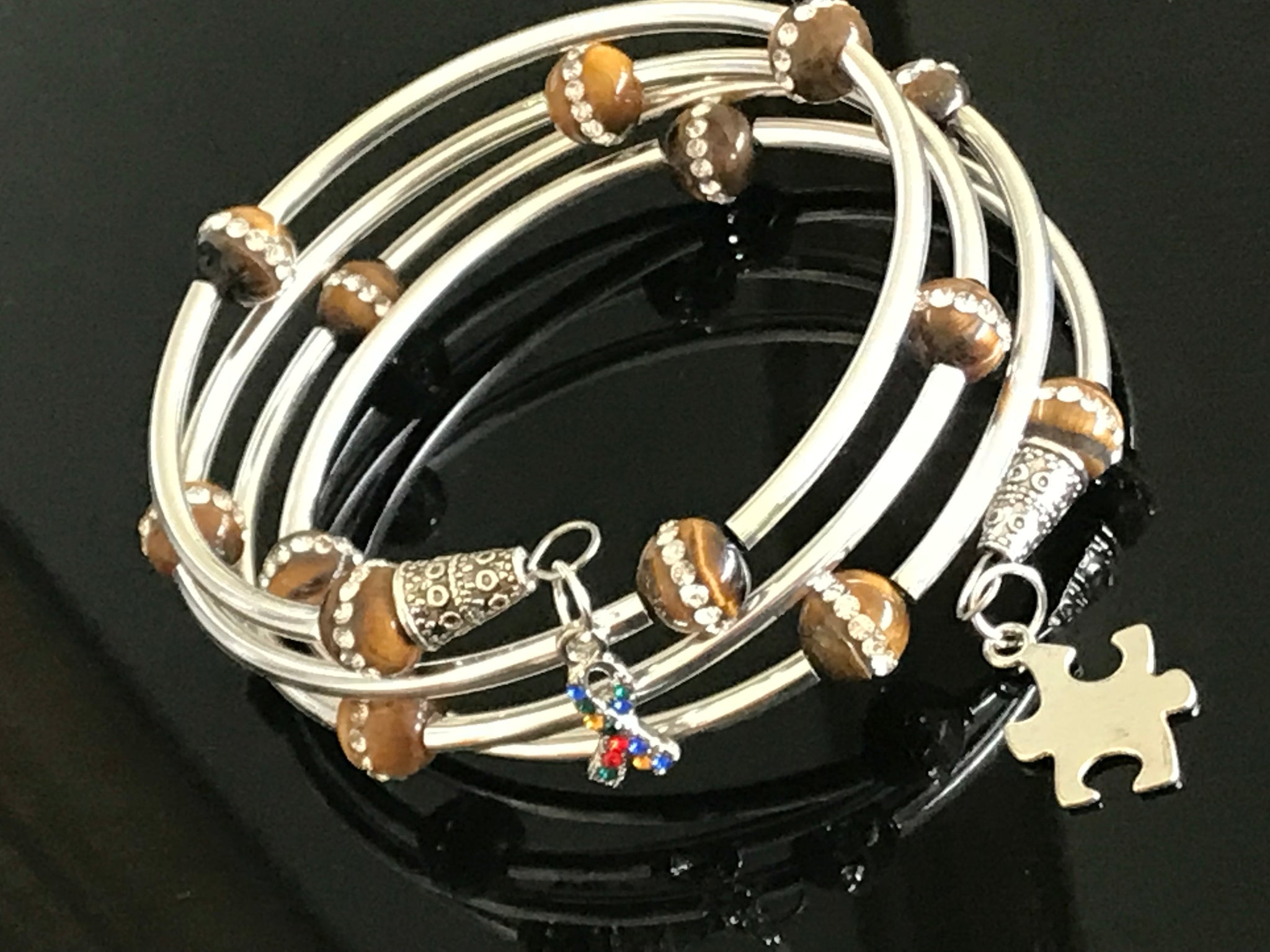 Autism awareness tiger eye cubic zirconia memory wire bracelet