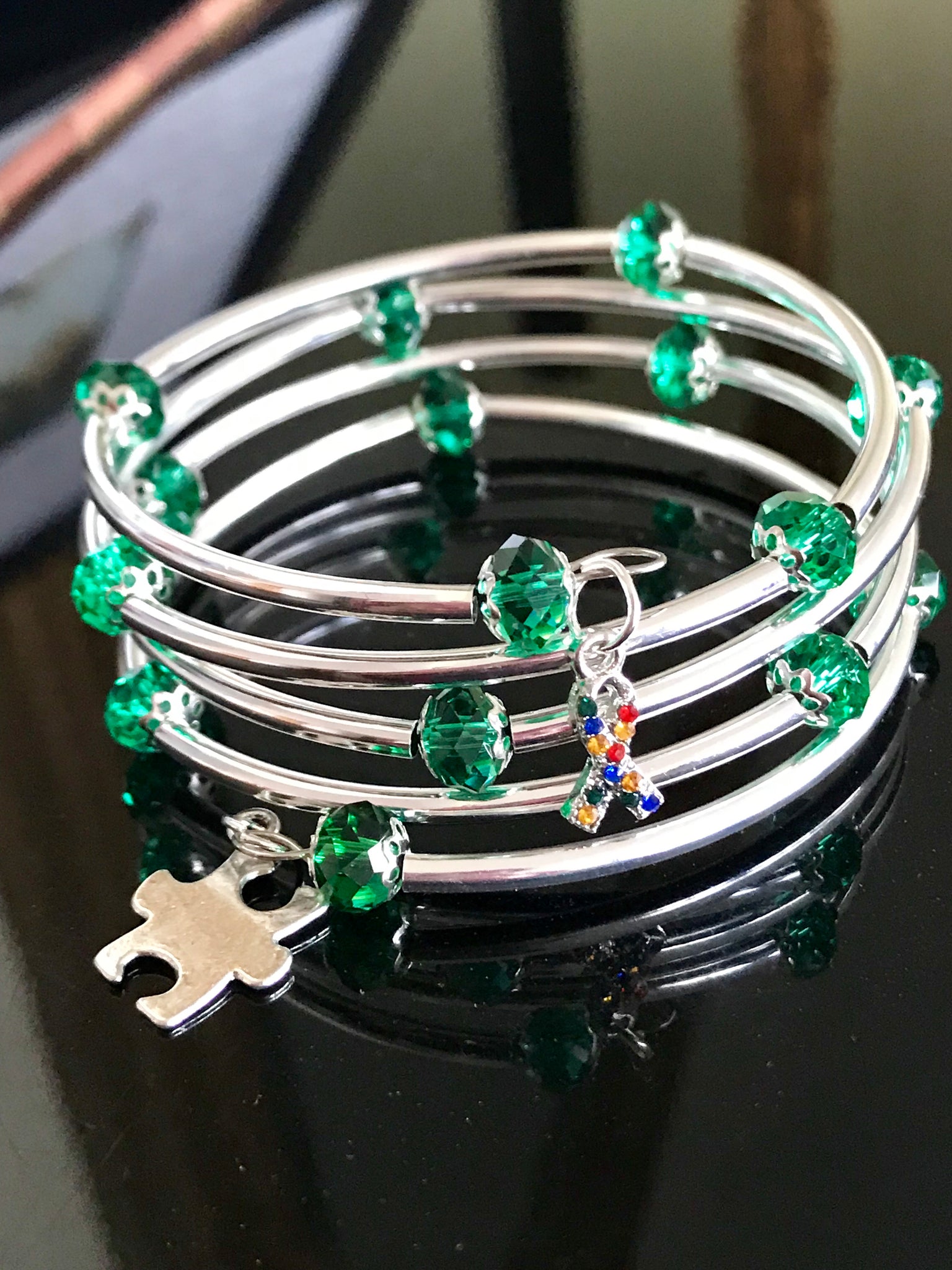 Autism awareness bracelet memory wire dark green crystal silver noodle beads