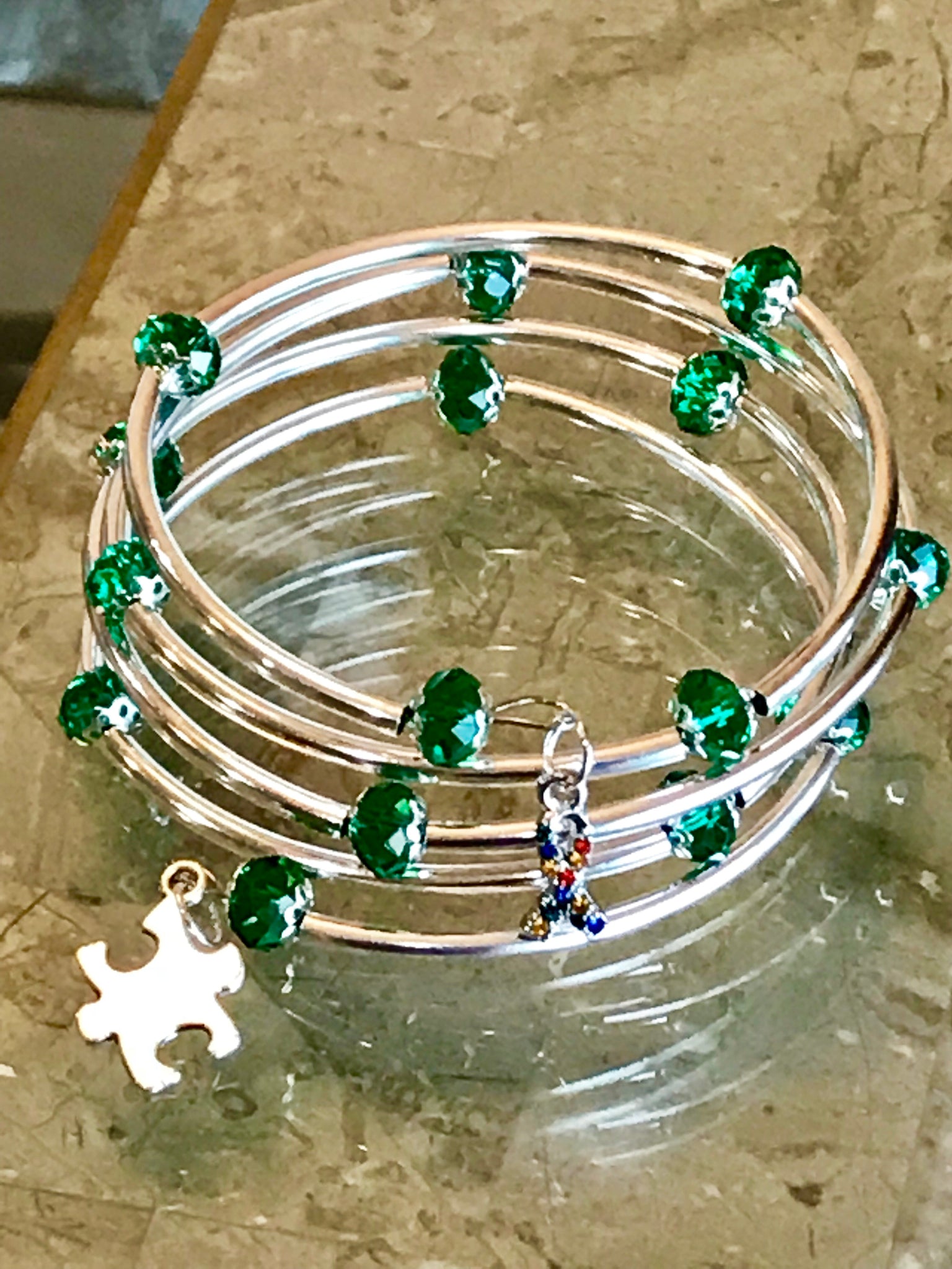 Autism awareness bracelet memory wire dark green crystal silver noodle beads